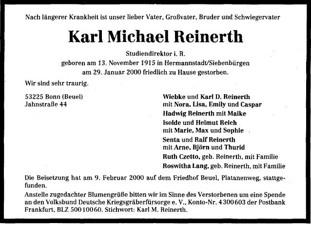 Reinerth Karl Michael 1915-2000 Todesanzeige